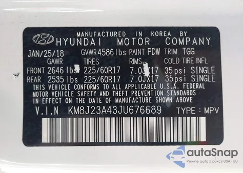 2018 Hyundai Tucson Se z USA, uszkodzony, nr VIN KM8J23A43JU676689